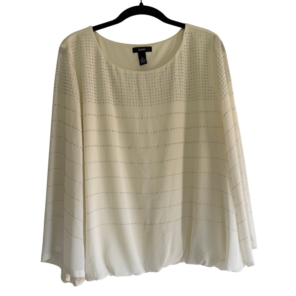 Alfani Womens Ivory Studded Bell Sleeve Bubble Hem Blouse Top Size 16 6D906